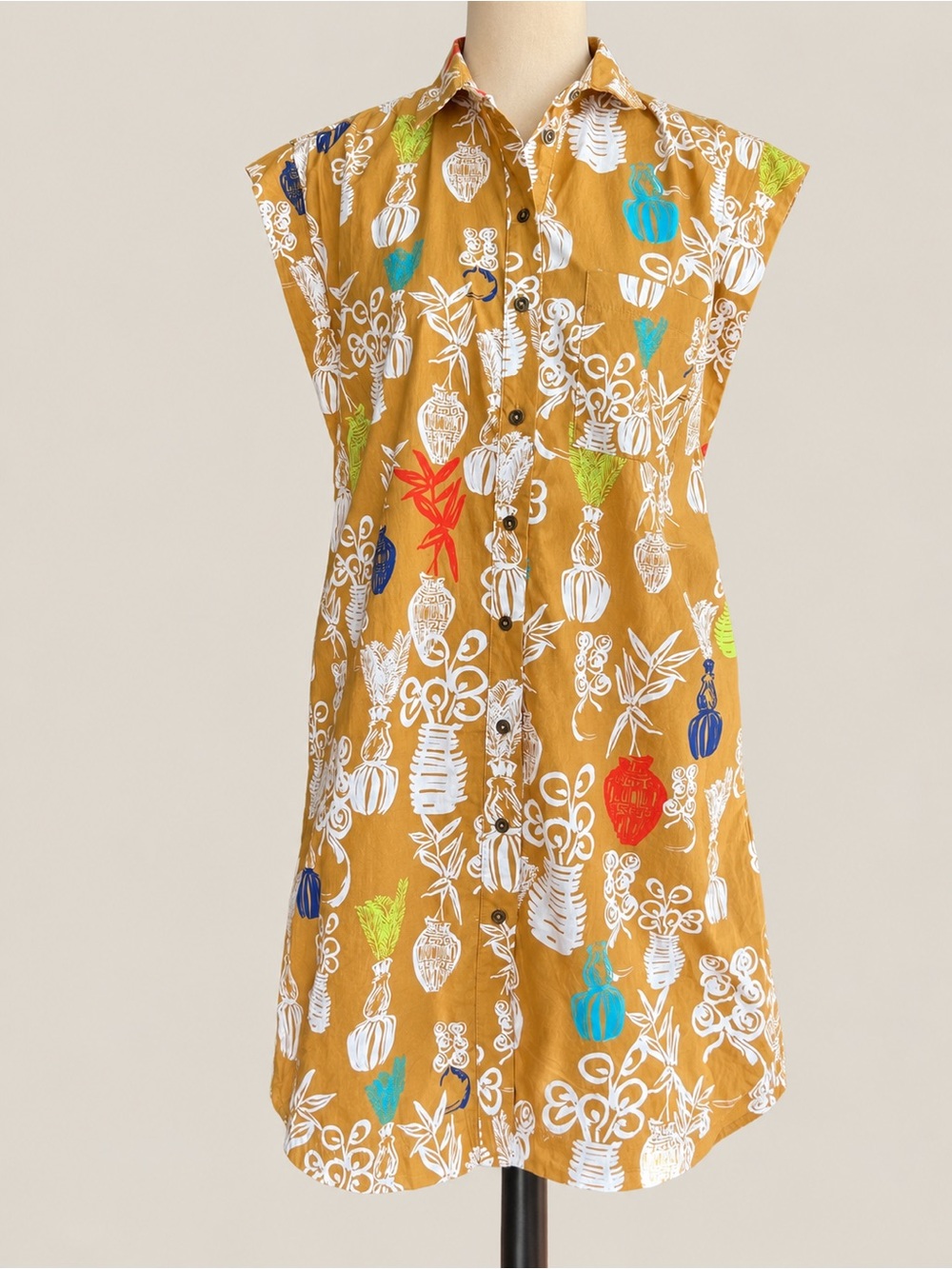 Maeve Anthropologie XS Mustard Vase Print Cotton Shirt Dress
